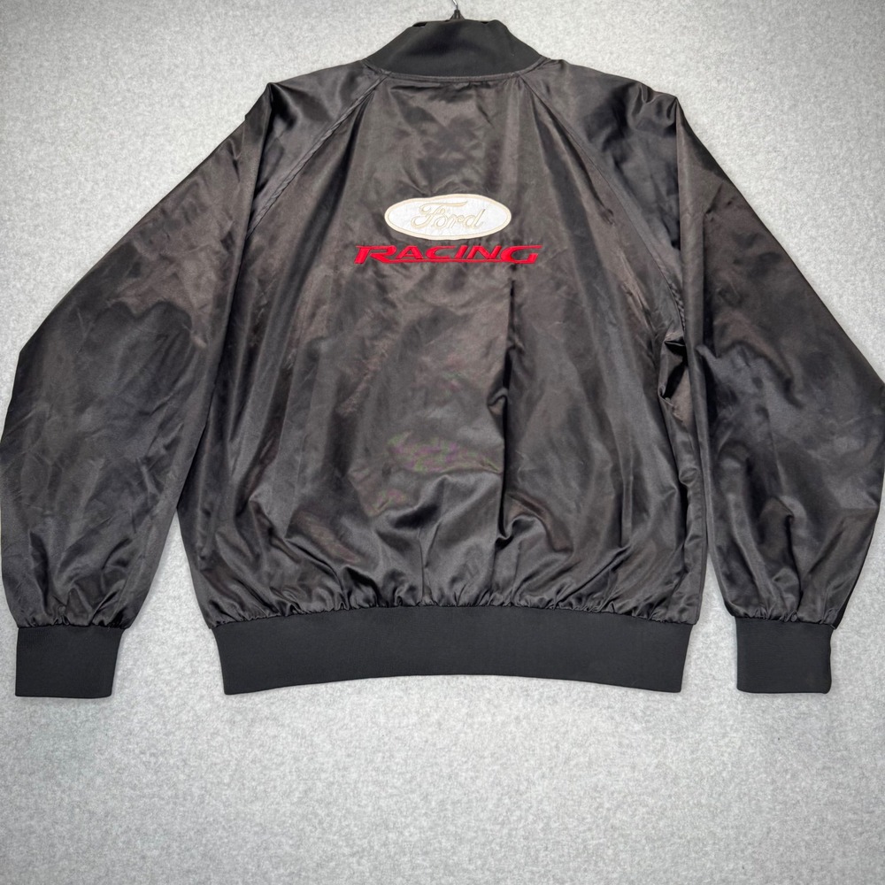 Ford Racing Bomber Satin Jacket Mens Large Black Nylon Snap Front Embroidered